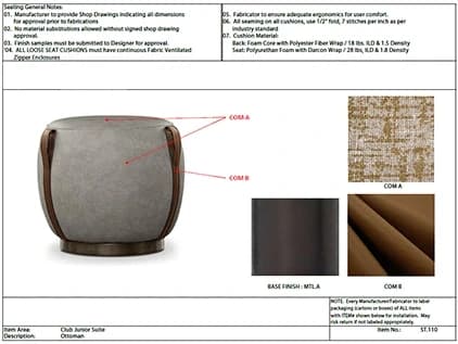 家具规格单：脚凳效果图、面料 COM A / COM B 与底座用料